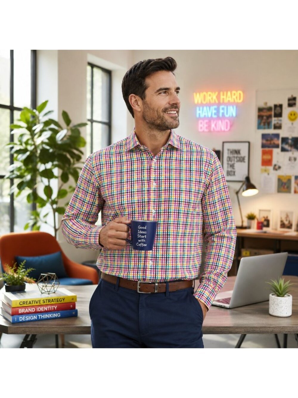 Mens XL Shirt Multicolor Plaid Cotton Long Sleeve Button Up Preppy Thomas Dean